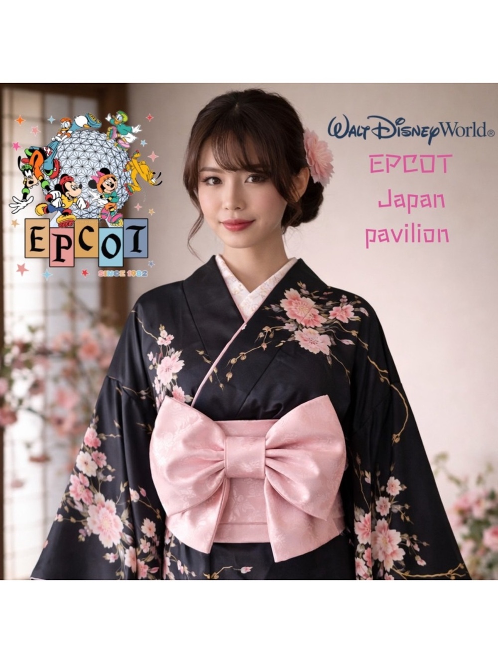 Disney EPCOT Japanese Floral Kimono Yukata Robe Cosplay Costume — Black & Pink